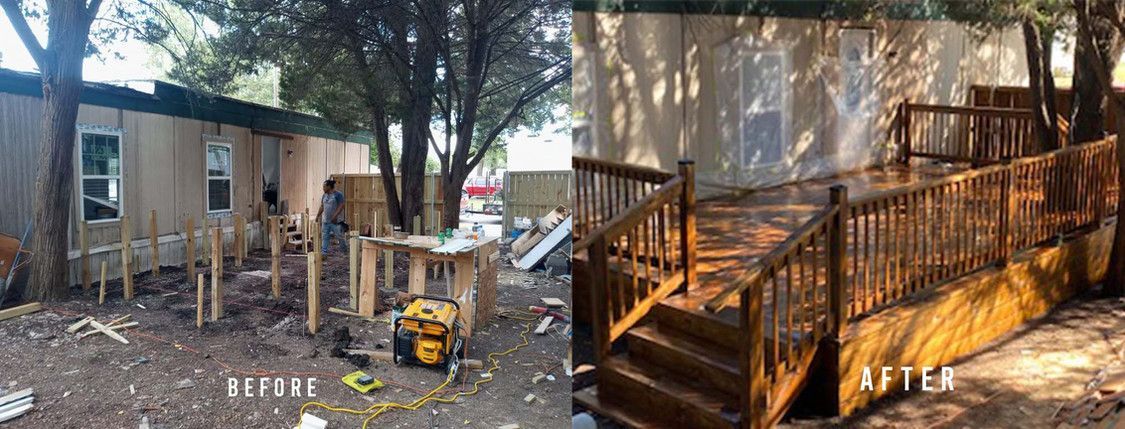 A before and after picture of a house with a wooden deck.