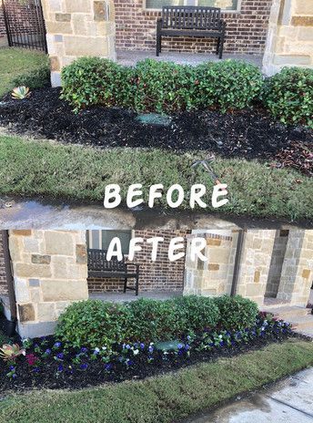 A before and after picture of a garden in front of a house.