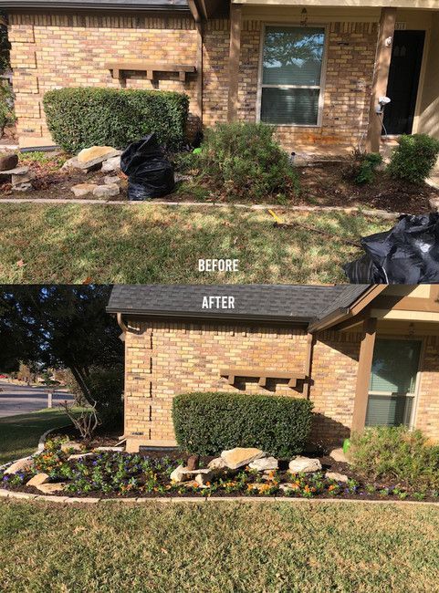 A before and after picture of a brick house.