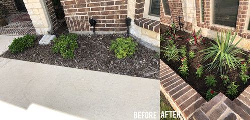 A before and after picture of a garden in front of a brick house.