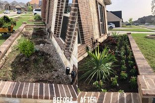 A before and after picture of a garden in front of a brick house.