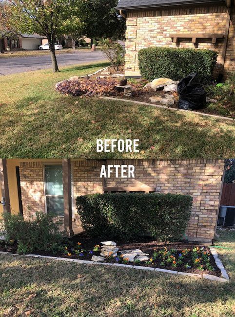 A before and after picture of a lawn in front of a brick house.