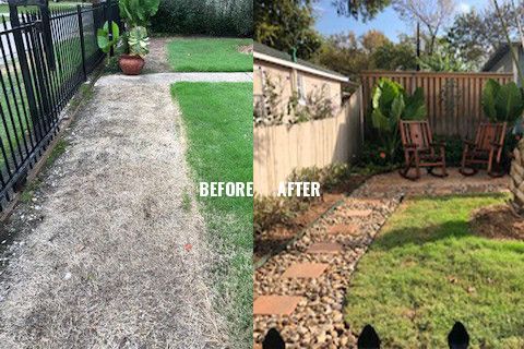 There is a before and after picture of a backyard.