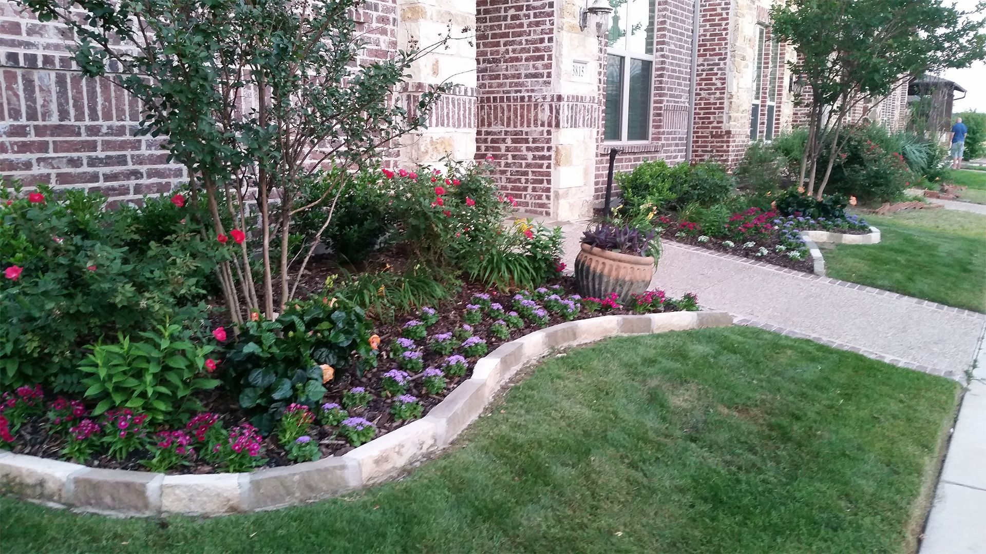 Curved brick-bordered flower bed with pink blooms and shrubs beside a brick house lawn