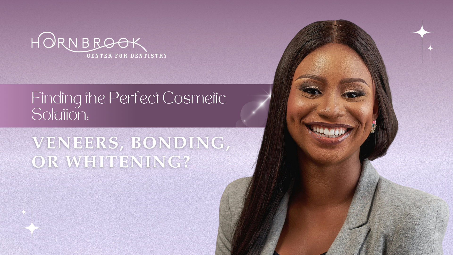 Woman smiling, dental solutions graphic: veneers, bonding, or whitening. Purple background.