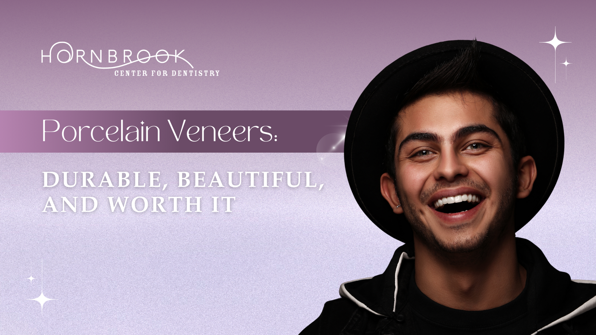 A man wearing a black hat is smiling and wearing porcelain veneers.