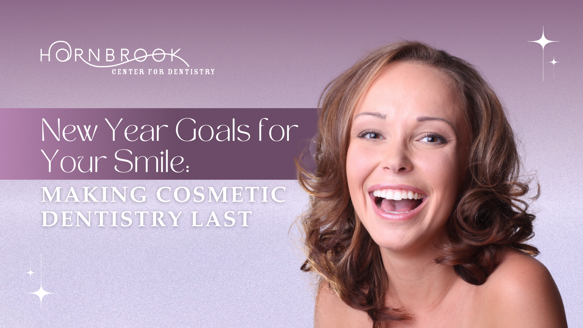 Woman smiling widely, promoting cosmetic dentistry. Purple background with text about New Year goals.