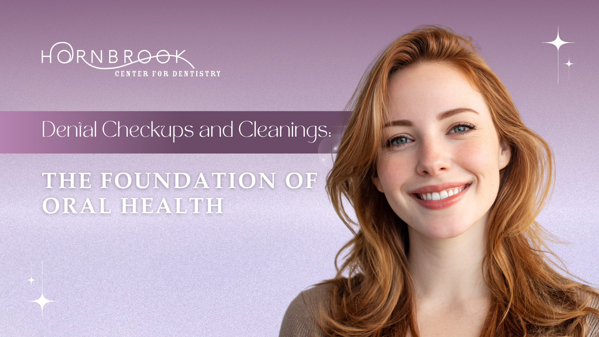 Woman smiling in front of a purple background with text: 