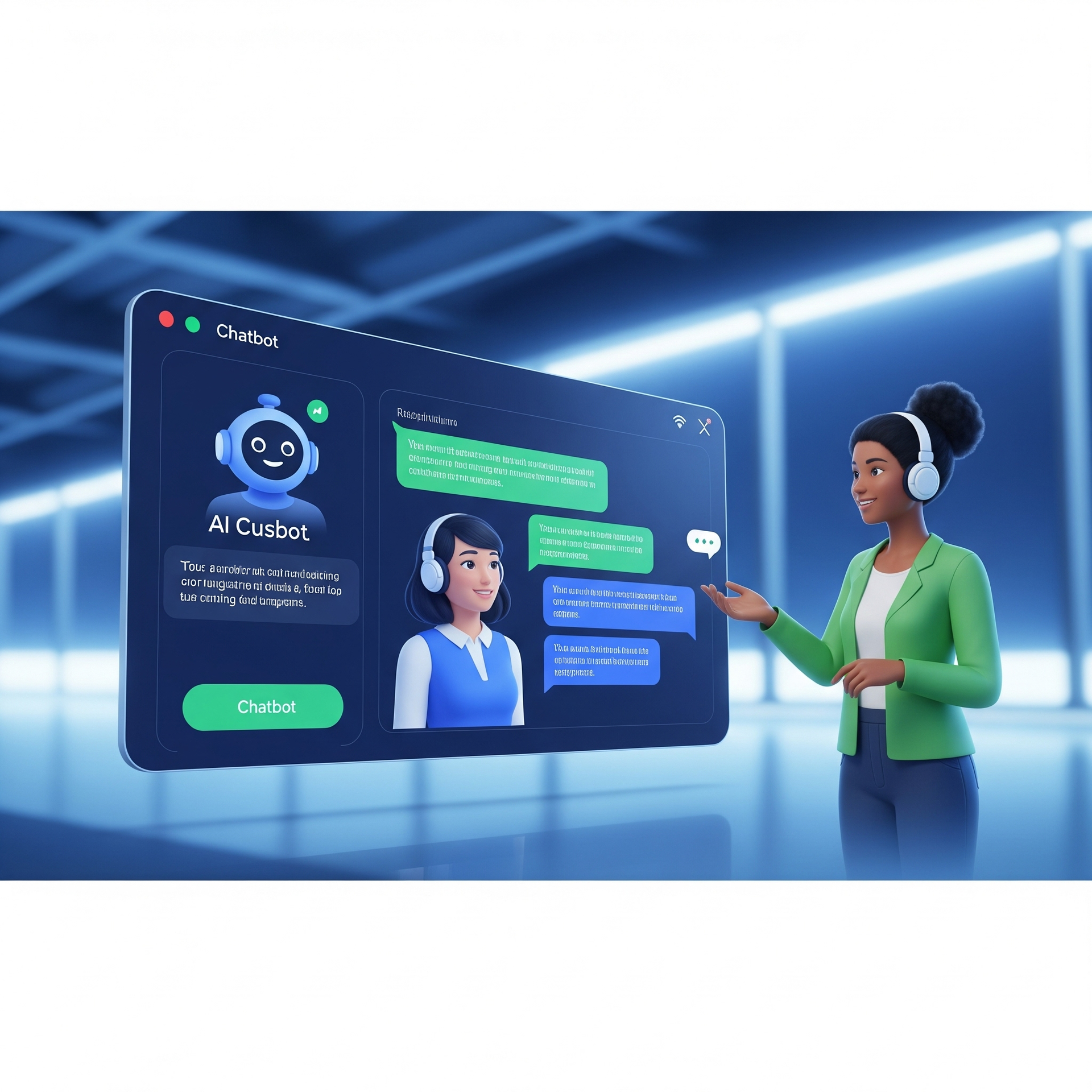 A woman wearing headphones is talking to a robot on a screen.