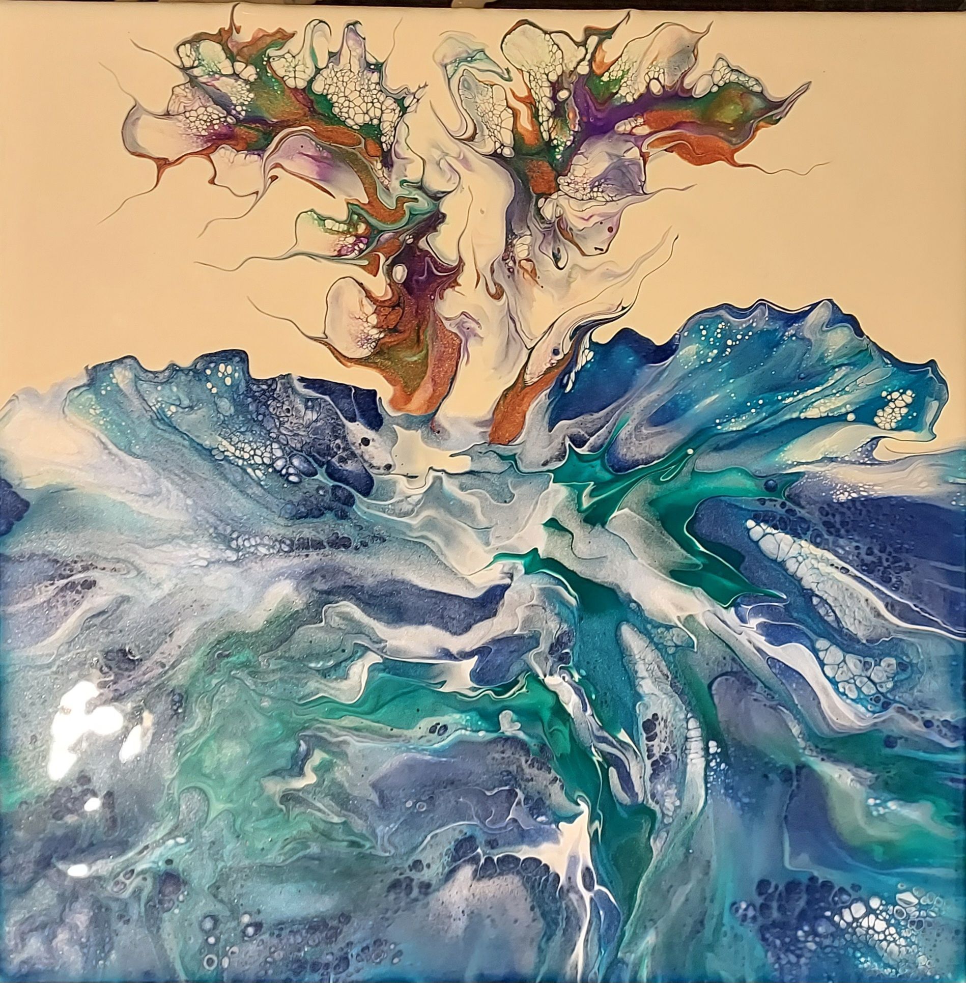 A painting of a flower with blue and purple colors