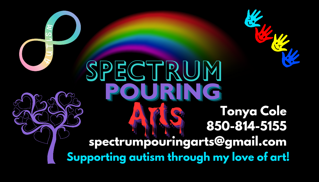 A business card for spectrum pouring arts supporting autism through my love of art