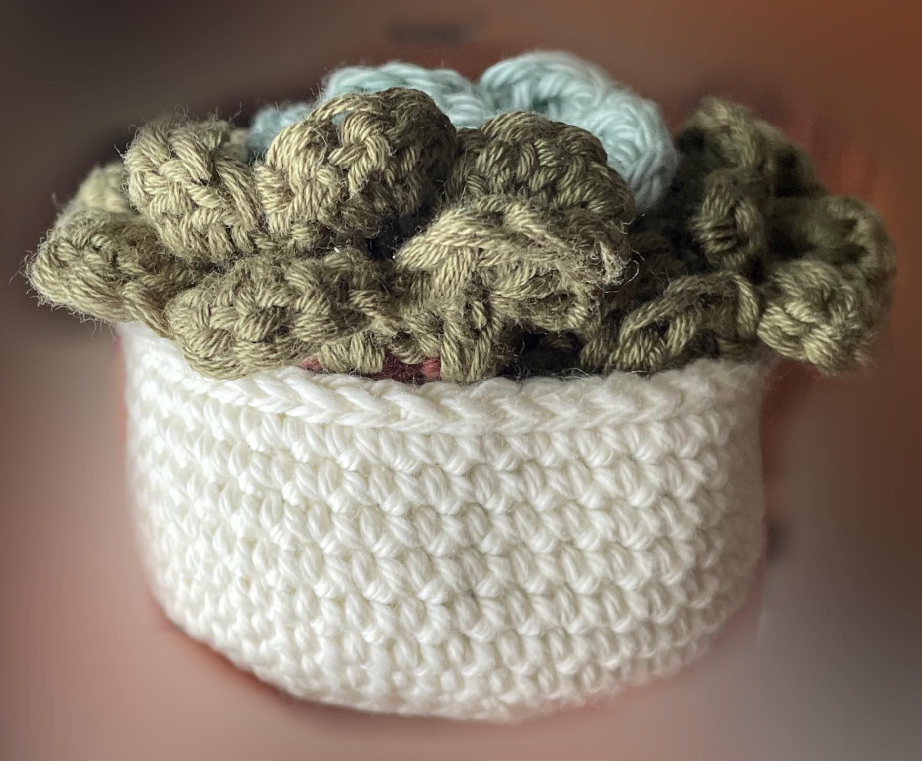 A person is holding a crocheted basket filled with yarn.