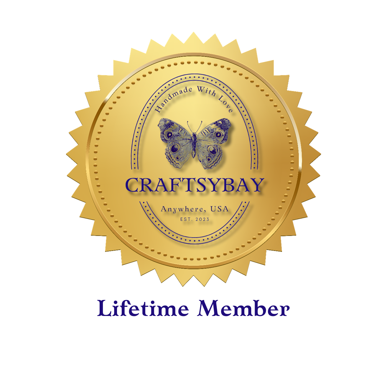 A gold craftsybay lifetime member seal with a butterfly on it