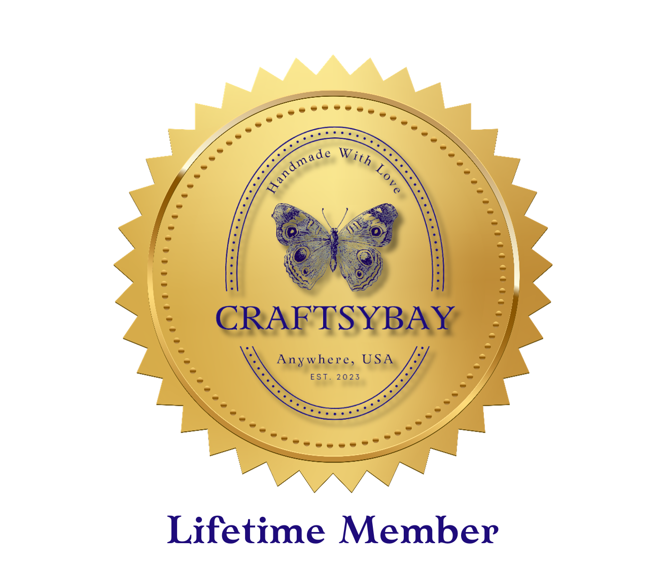 A gold craftsybay lifetime member seal with a butterfly on it