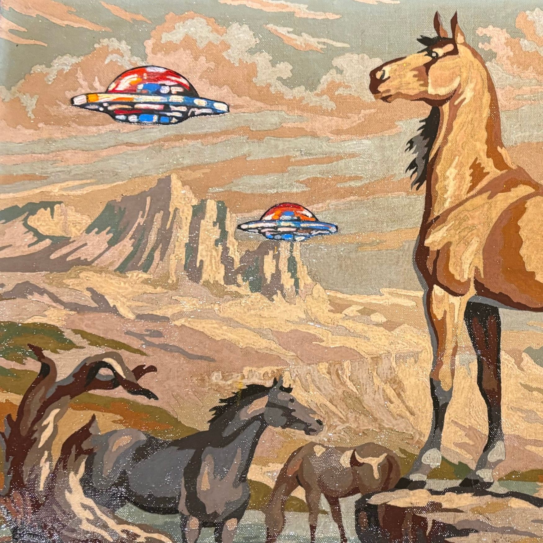 A painting of horses and flying saucers in the background