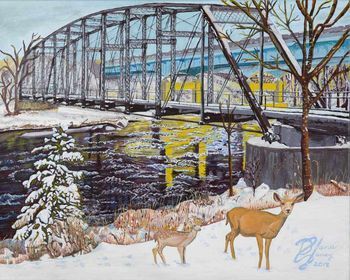 A painting of two deer standing in the snow near a bridge