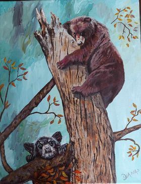 A painting of two bears sitting on a tree stump.