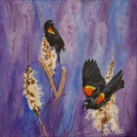 A painting of two birds sitting on a branch