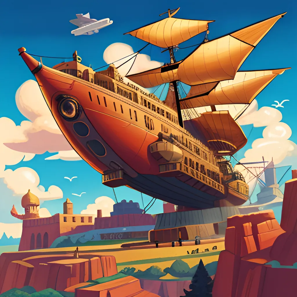 A painting of a ship flying through the air