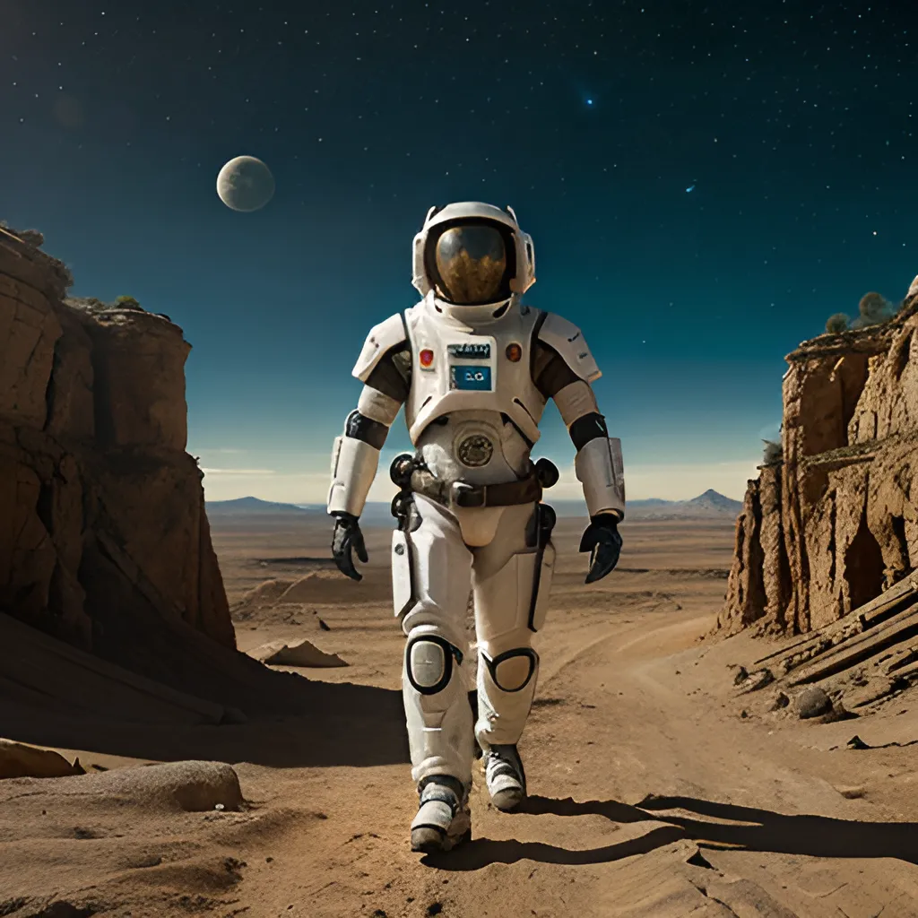 An astronaut is walking through a desert with the moon in the background