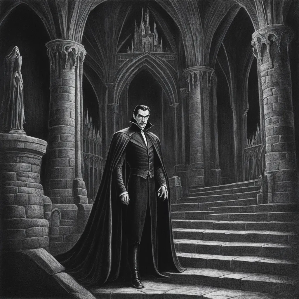 A black and white painting of a vampire standing on a set of stairs
