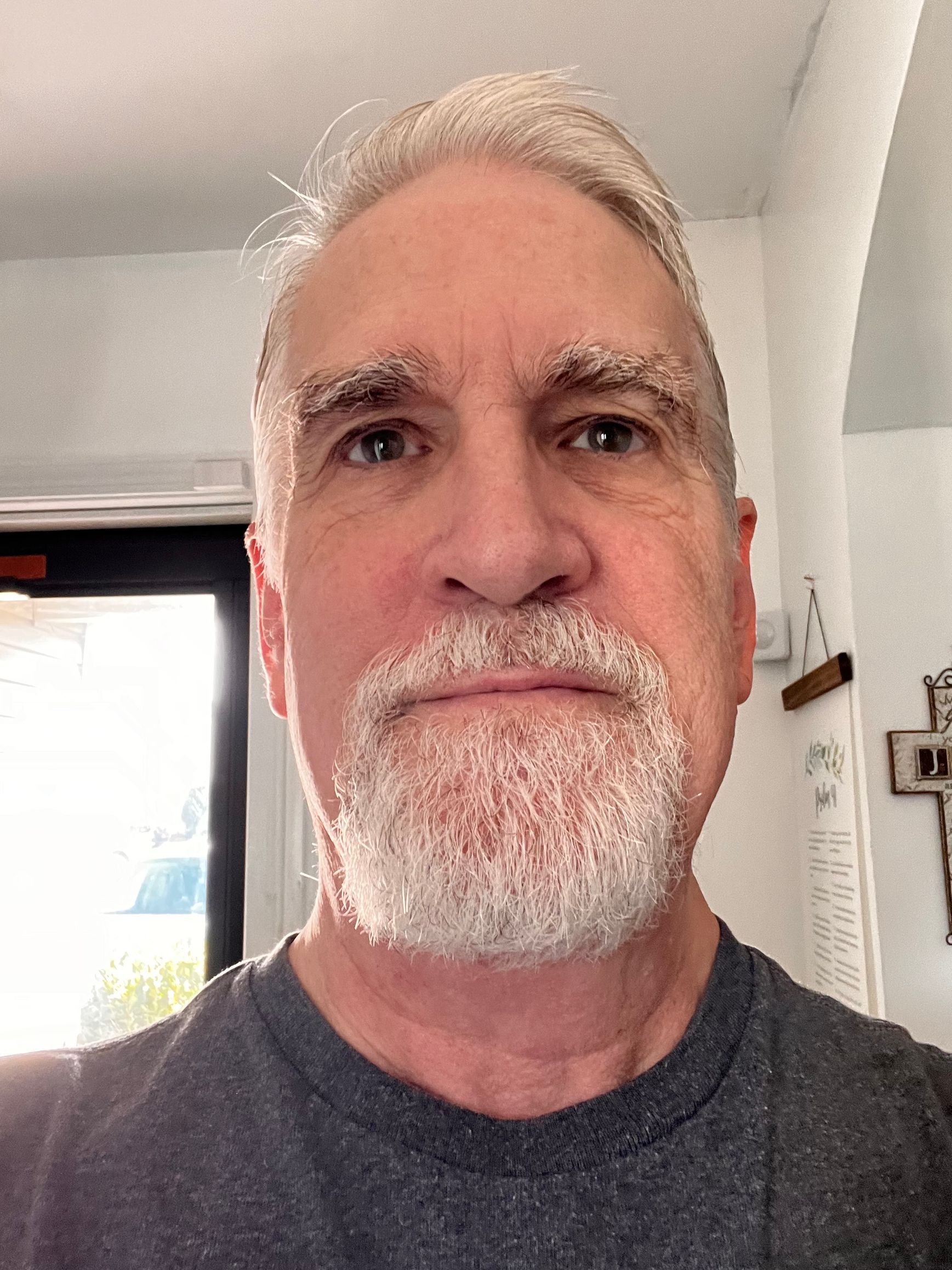 A man with a beard and gray hair is taking a selfie.