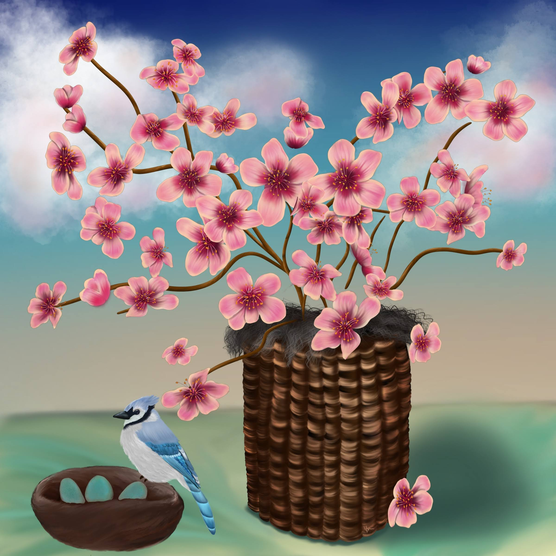 A bird is perched on a nest next to a basket of flowers