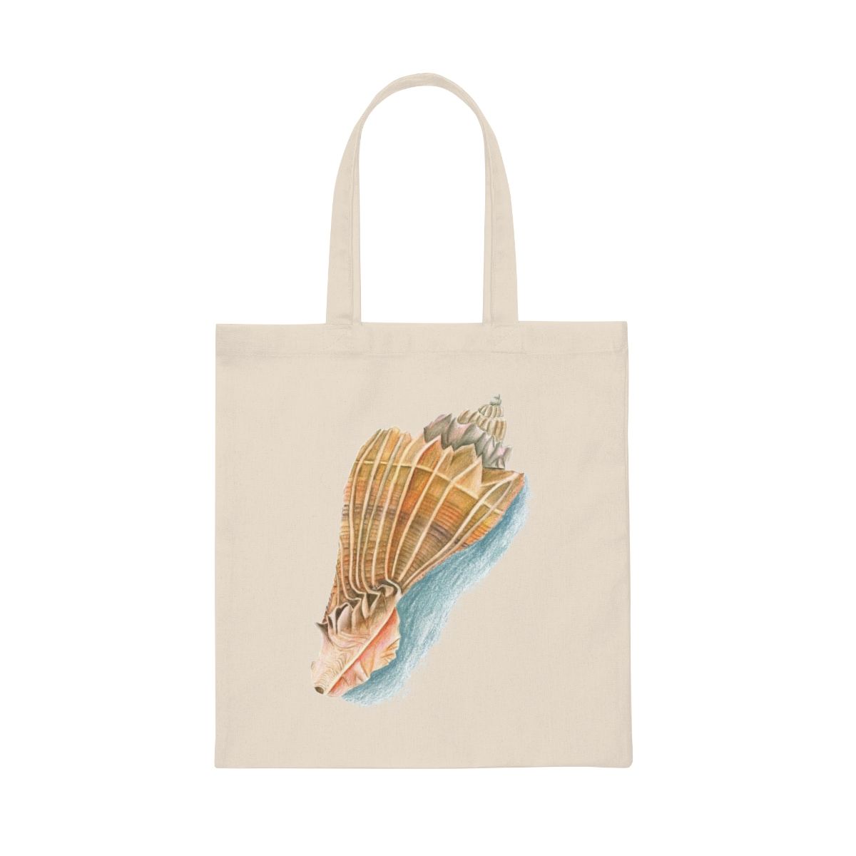 A tote bag with a picture of a sea shell on it.