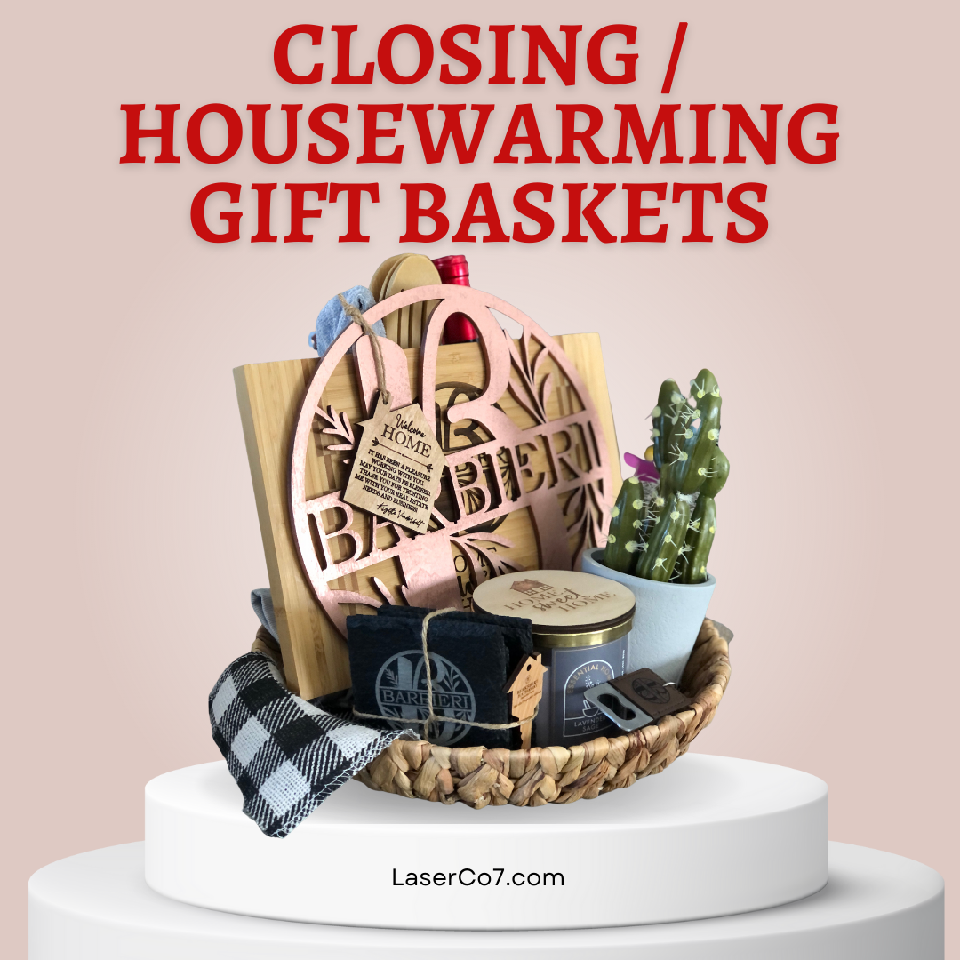 A wicker basket filled with a variety of handmade woodcarved items on a white podium.