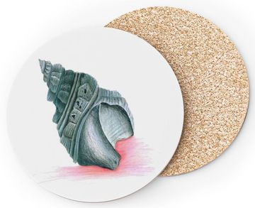 A cork coaster with a drawing of a sea shell on it.