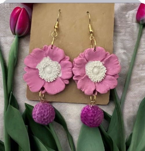 A pair of pink and white flower earrings on a card