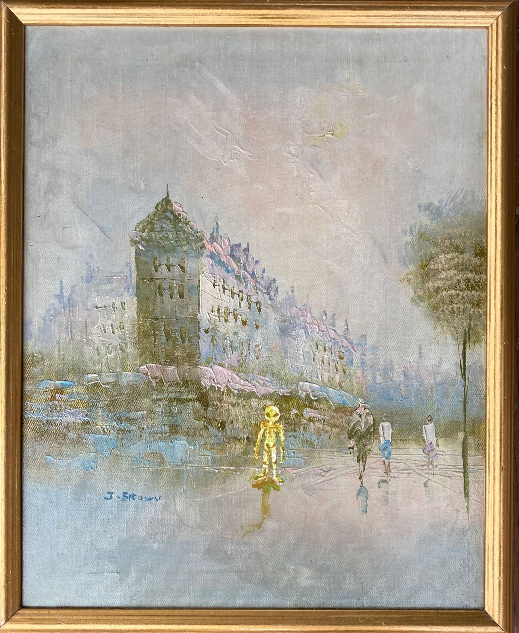 A painting of people walking in the rain with a building in the background. A yellow alien is staring.