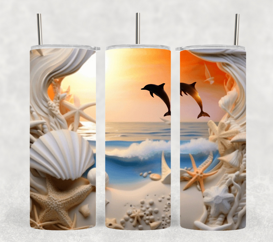 Three tumblers with seashells and dolphins on them