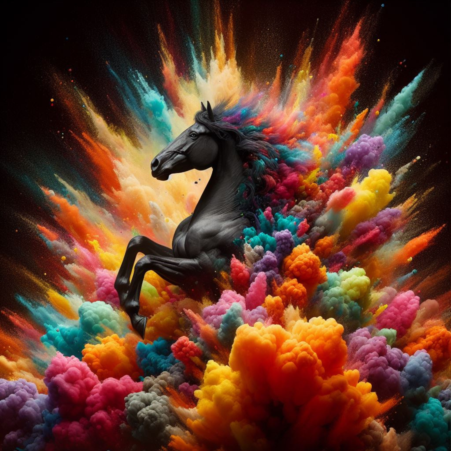 A black horse is surrounded by colorful smoke