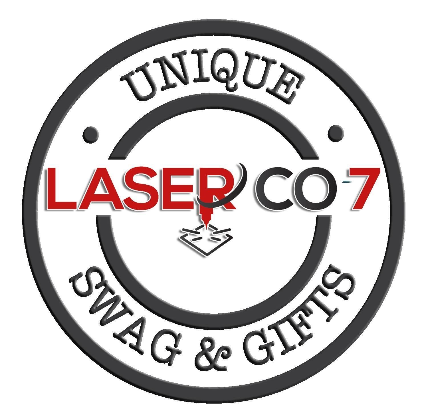 A logo for laser co 7 unique swag and gifts