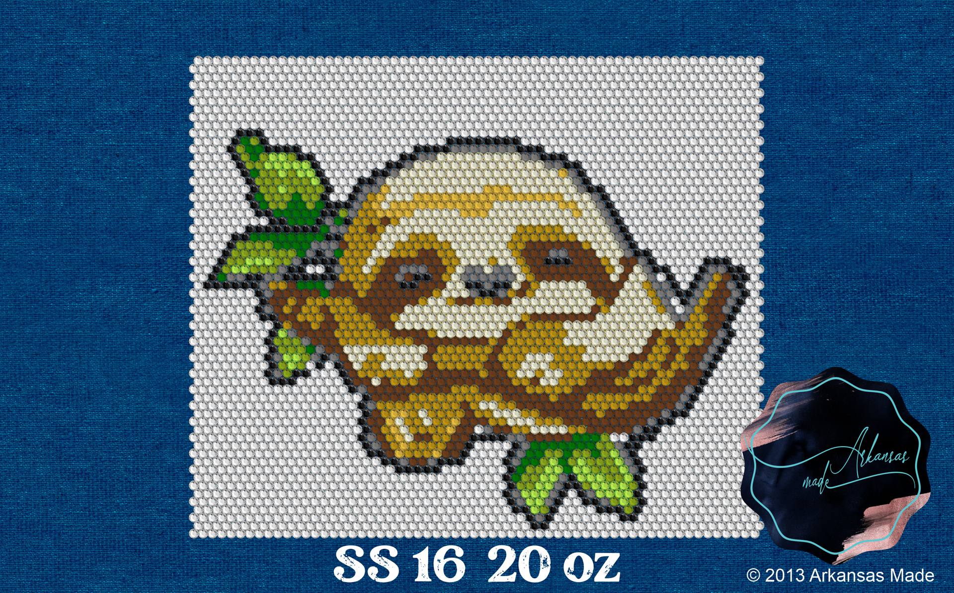 A rhinestone  pattern of a sloth on a tree branch