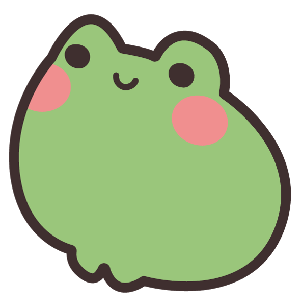 A green frog with a pink cheek and a smile on its face.