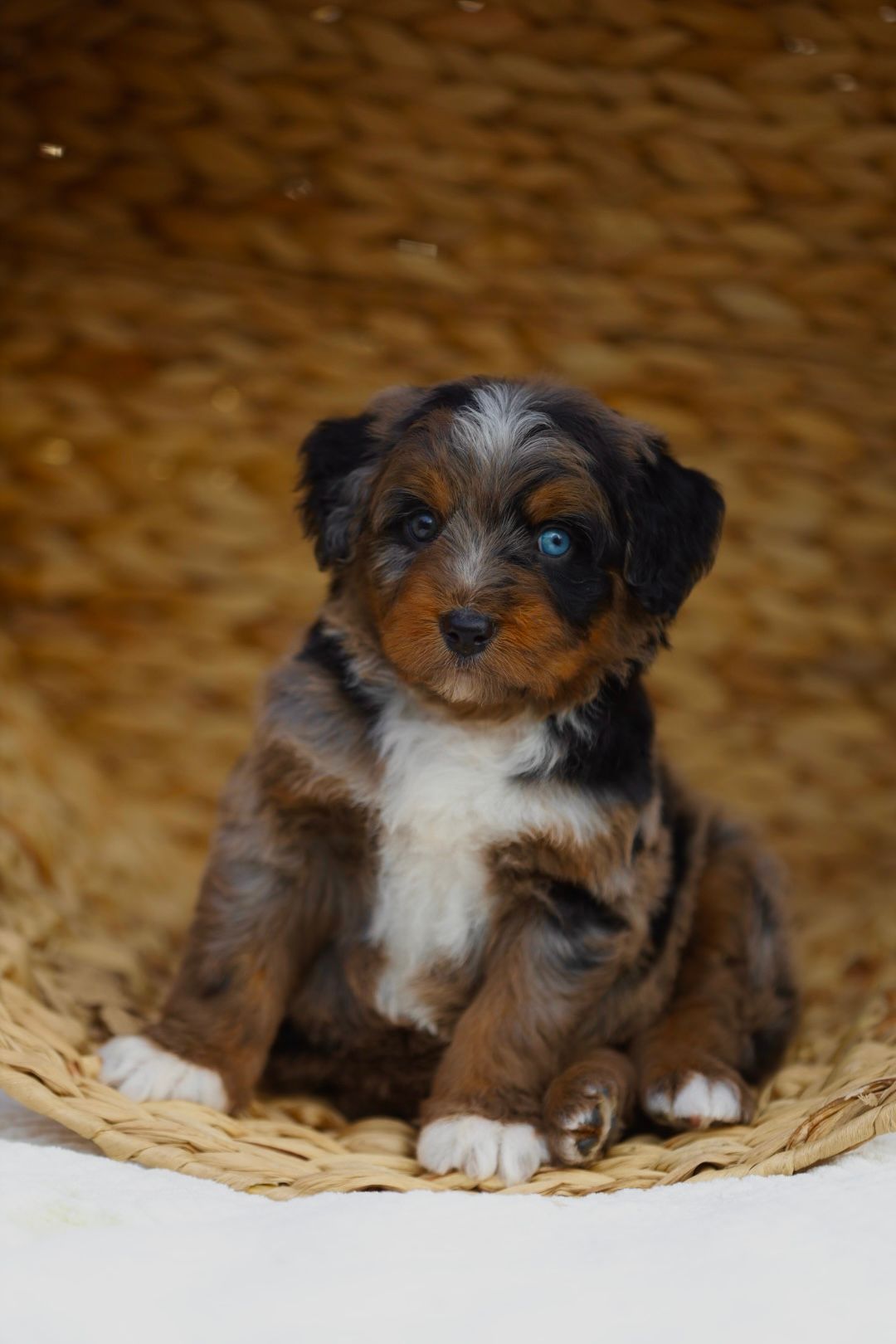 A small brown and white puppy is sitting in a basket.