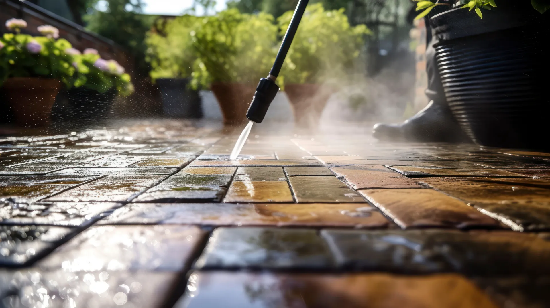 A man is washing a black car with a high pressure washer.