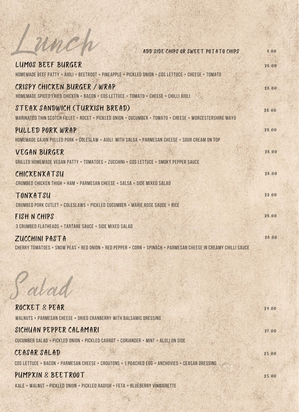 A Menu for a Restaurant That Includes Lunch and Salad