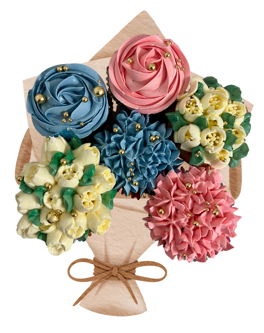 A bouquet of six cupcakes decorated with pink, blue, and cream-colored flower frosting, tied with a brown paper wrap - Café and Restaurant in Cannonvale, QLD