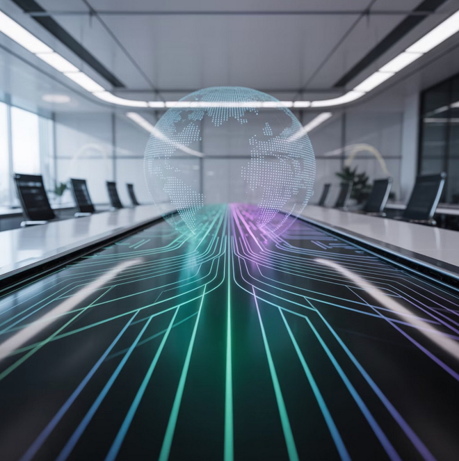 A futuristic boardroom table with glowing circuits, a globe hologram, and blurred chairs.