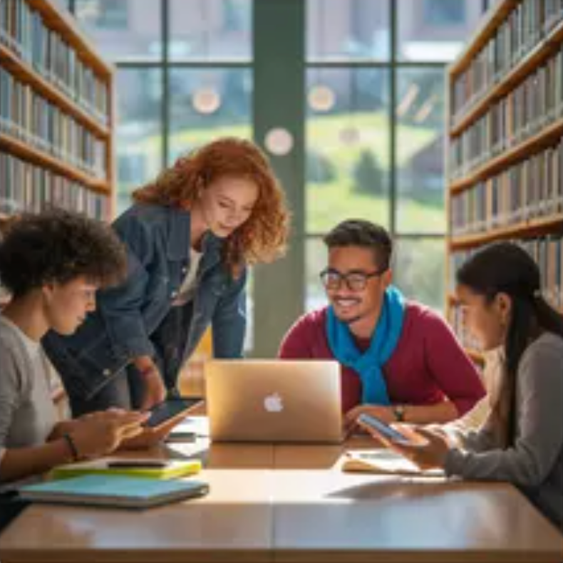 Students collaborating around a laptop in a library with bookshelves. Sunlight streams in.