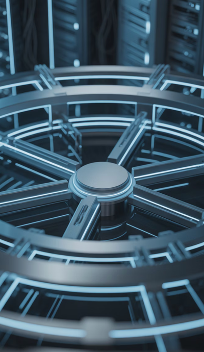 Futuristic circular device with glowing blue lights, possibly a core element in a sci-fi setting.