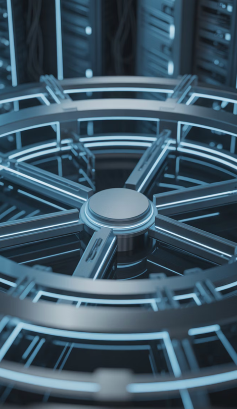 Futuristic circular device with glowing blue lights, possibly a core element in a sci-fi setting.