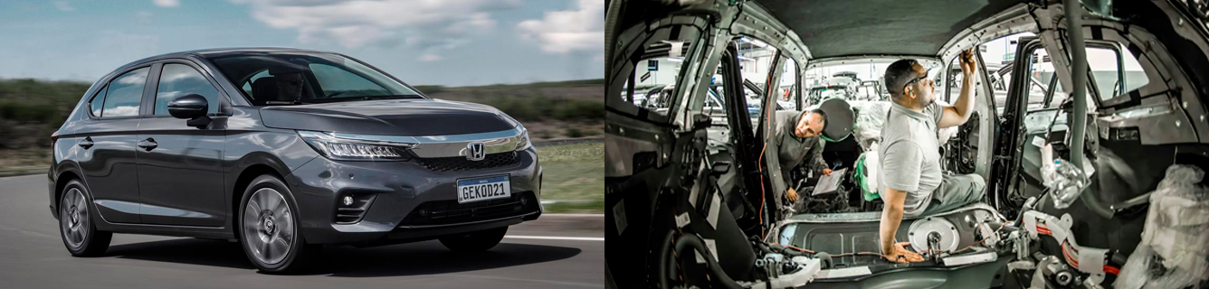 Uma foto de um carro e uma foto de um ônibus.