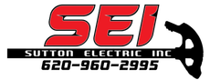 A red and black logo for sutton electric inc