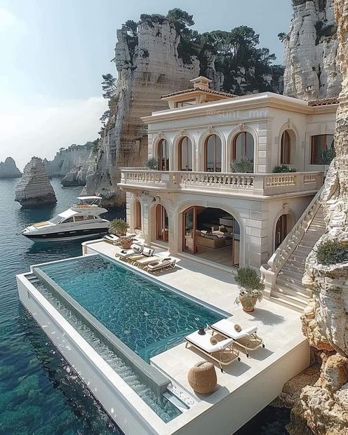 Una grande casa con piscina in mezzo all'oceano.