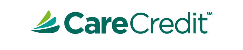 CareCredit logo with dark green text and a green abstract leaf design.