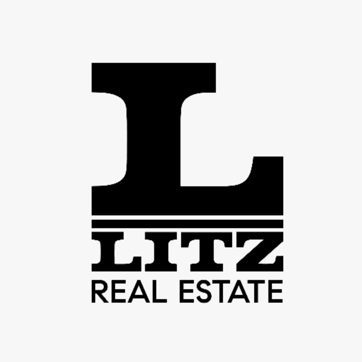 Black and white LITZ REAL ESTATE logo with a large stylized "L".